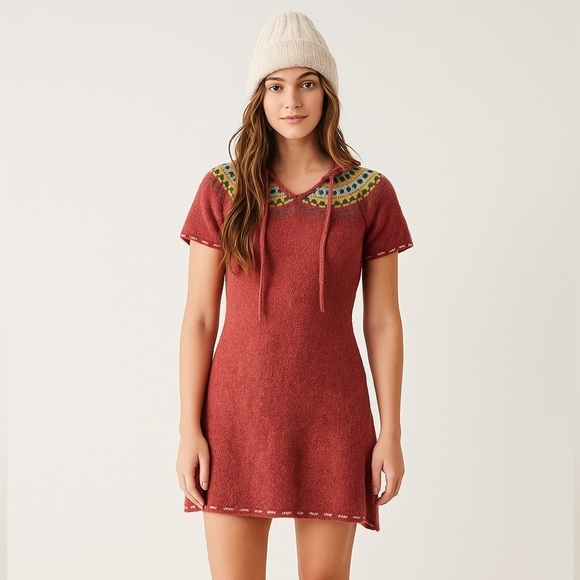 Mossimo Supply Co. Dresses & Skirts - Vintage Mossimo Supply Co. red fairisle lambswool hooded mini dress. Size M